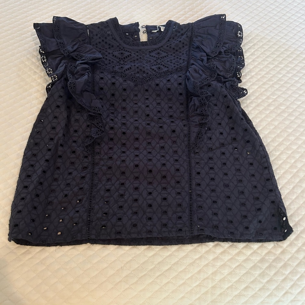 Veronica Beard Blue Eyelet Blouse with Ruffle Sleeves